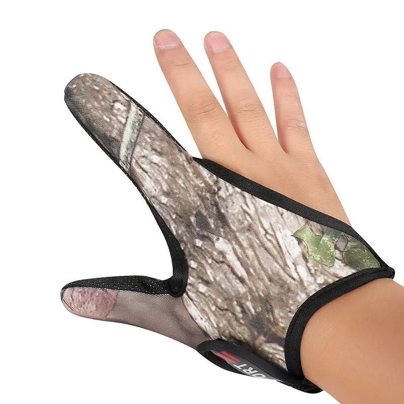 A single fishing glove with two-finger design in camouflage colour, showing diving cloth back and microfiber palm.