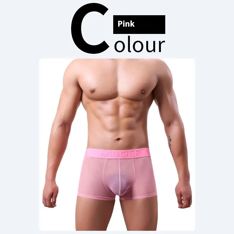 Men's thin polyester boxer shorts in six colours with quick-dry function on size chart