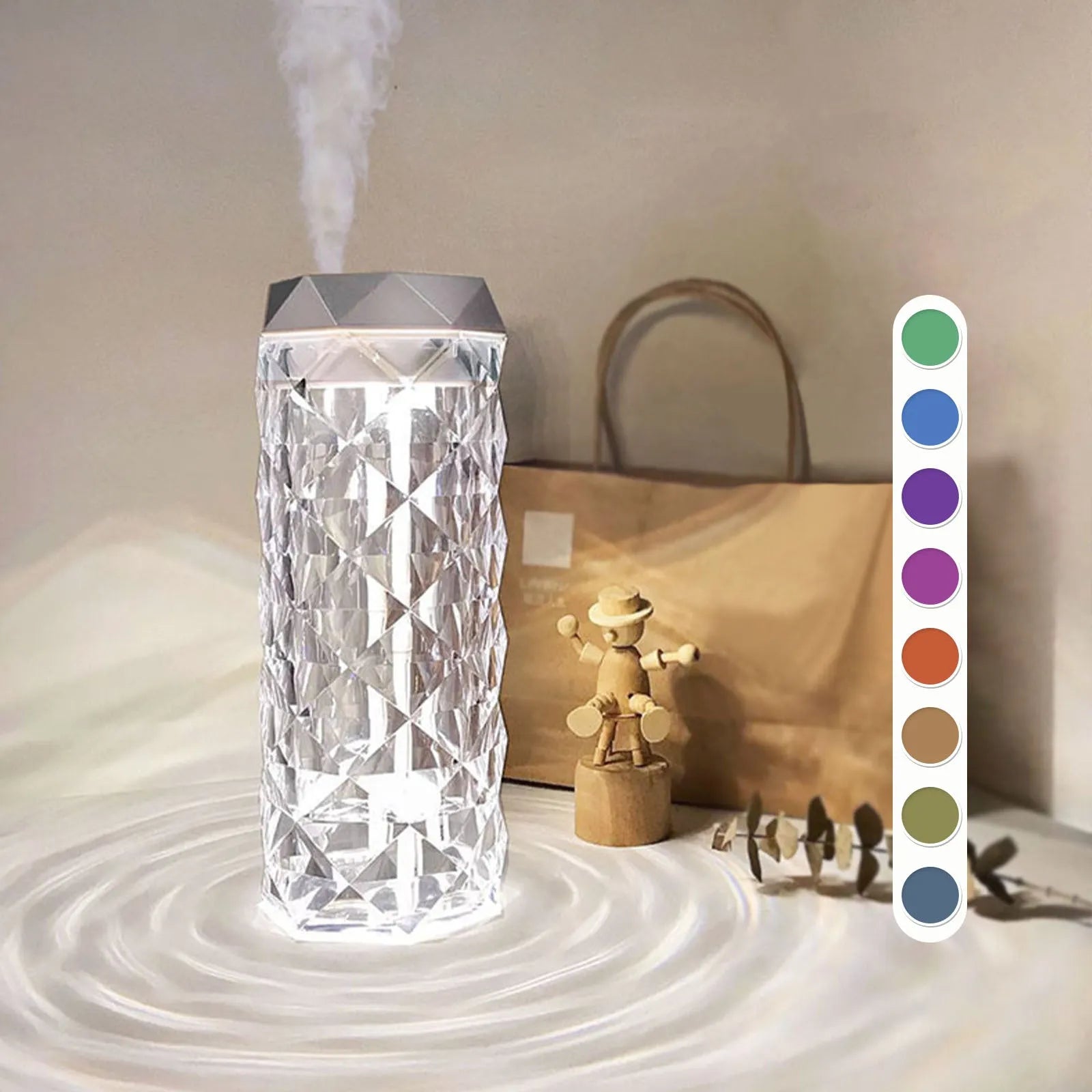 Crystal lamp humidifier with 1000ml tank showing cool mist and RGB night light on desktop