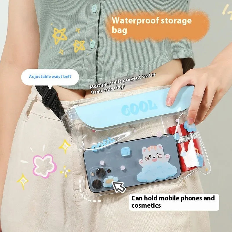 Waterproof mobile phone waist bag with adjustable strap and touch screen, free size PVC, blue kitten cool colour variant