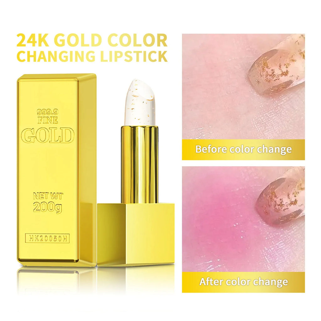 Gold foil colour-changing lipstick with moisturising formula, 3.5g net content, shiny finish