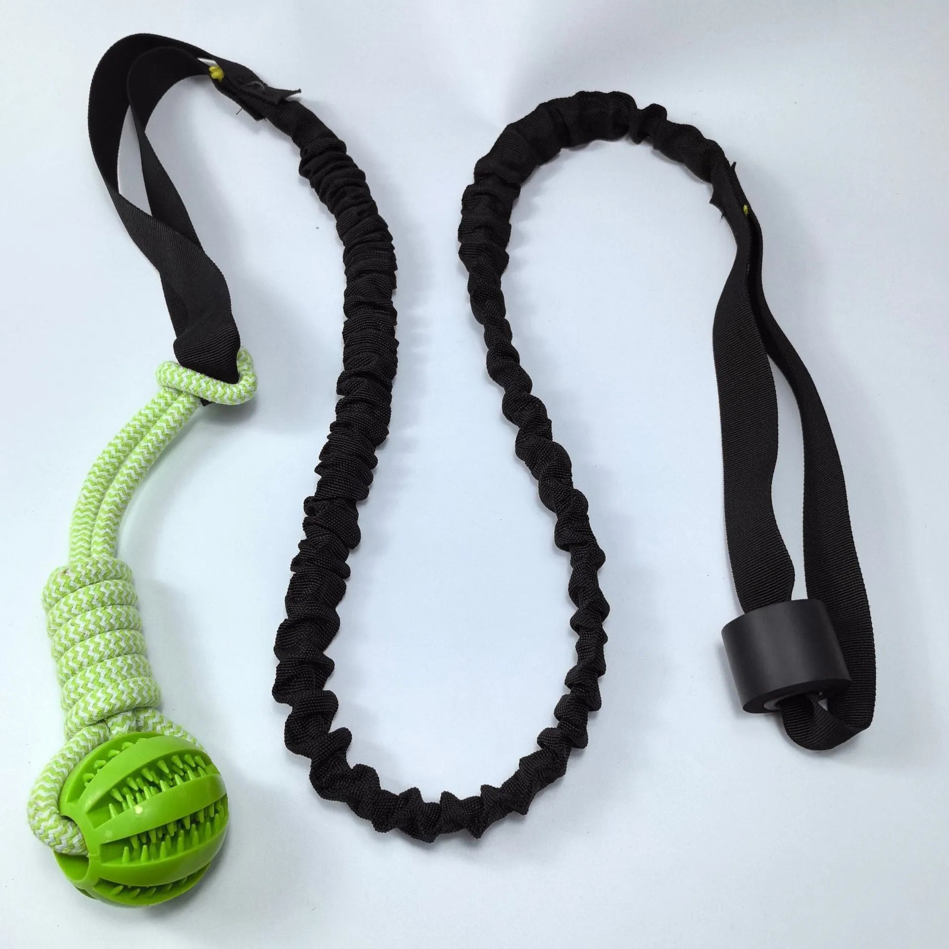 Green cotton rope dog tug toy with corncob and teether ball designs for interactive play.