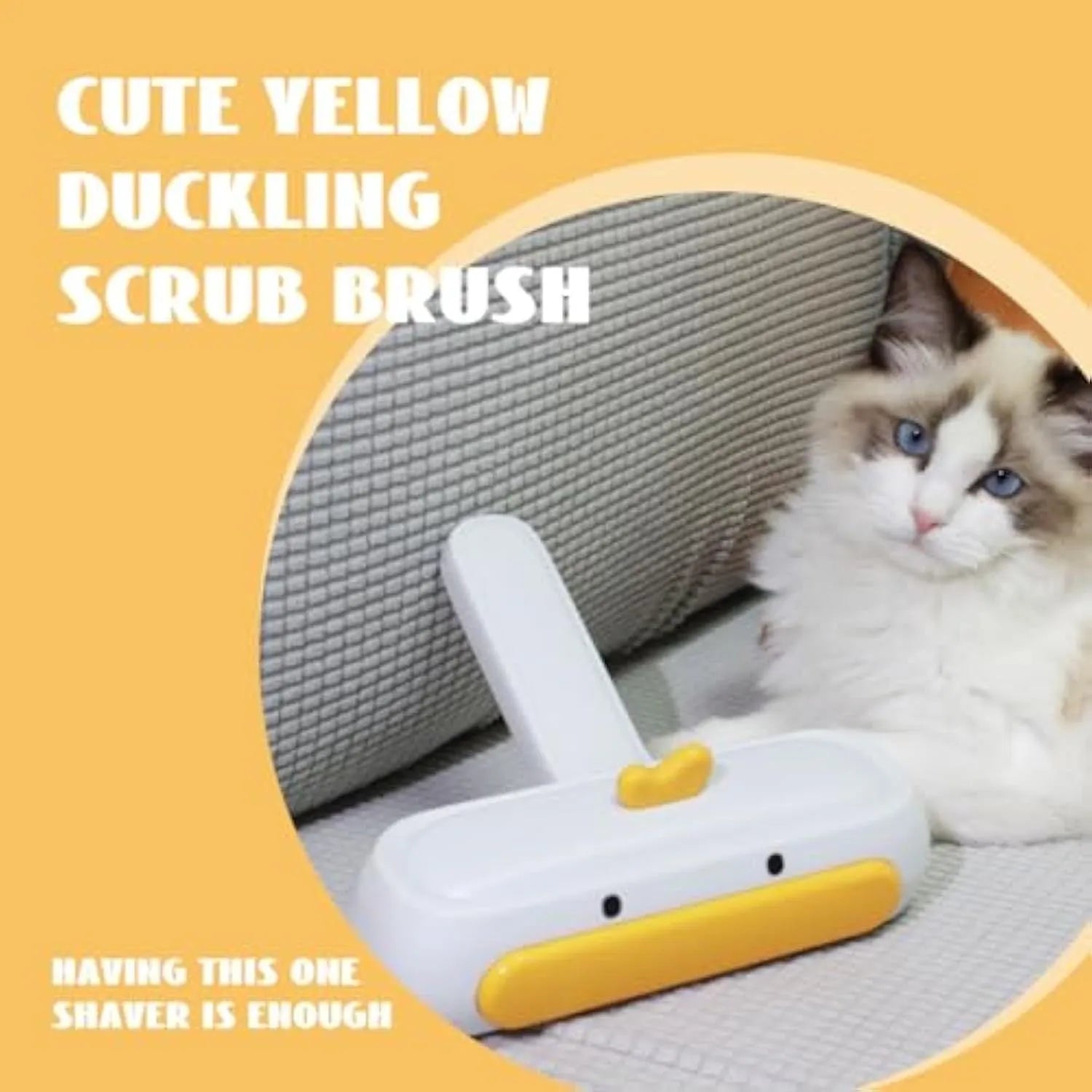 Yellow duck design reusable pet hair remover roller with plastic body and bristles.