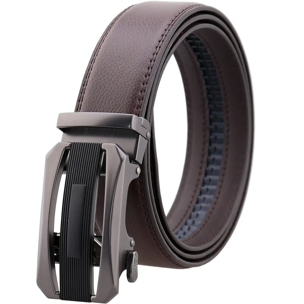 Men's business belt with rectangular matte gun alloy buckle and two-layer cowhide strap, 110-130cm, black or brown options