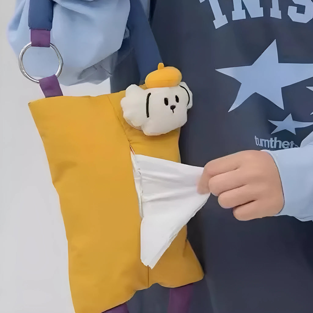 Soft plush hanging car tissue bag in baby crocodile design, showing dimensions of 25cm by 19cm.