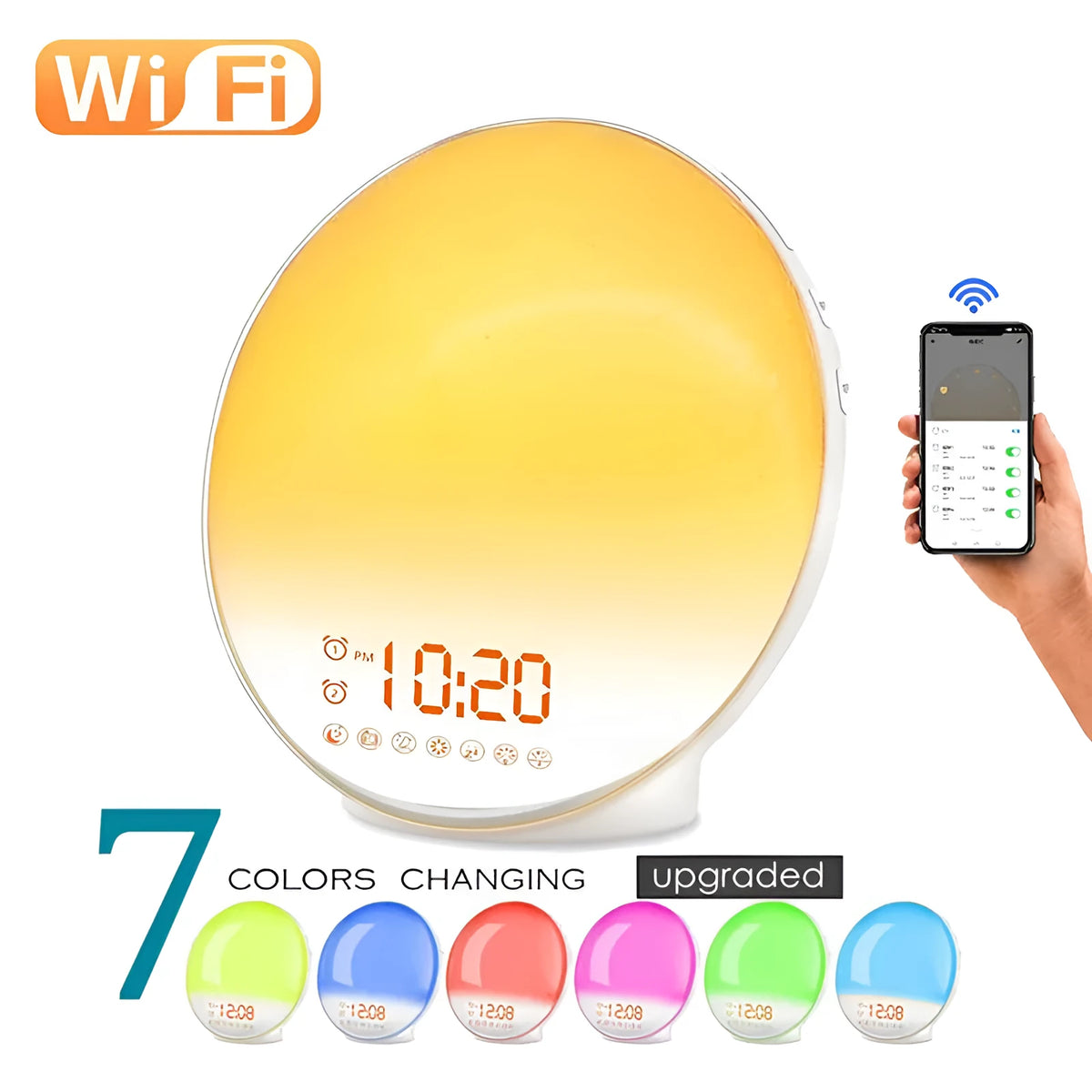 Smart wake-up light alarm clock with APP control, 10mm thick ABS shell, modern simplicity, includes charging cable