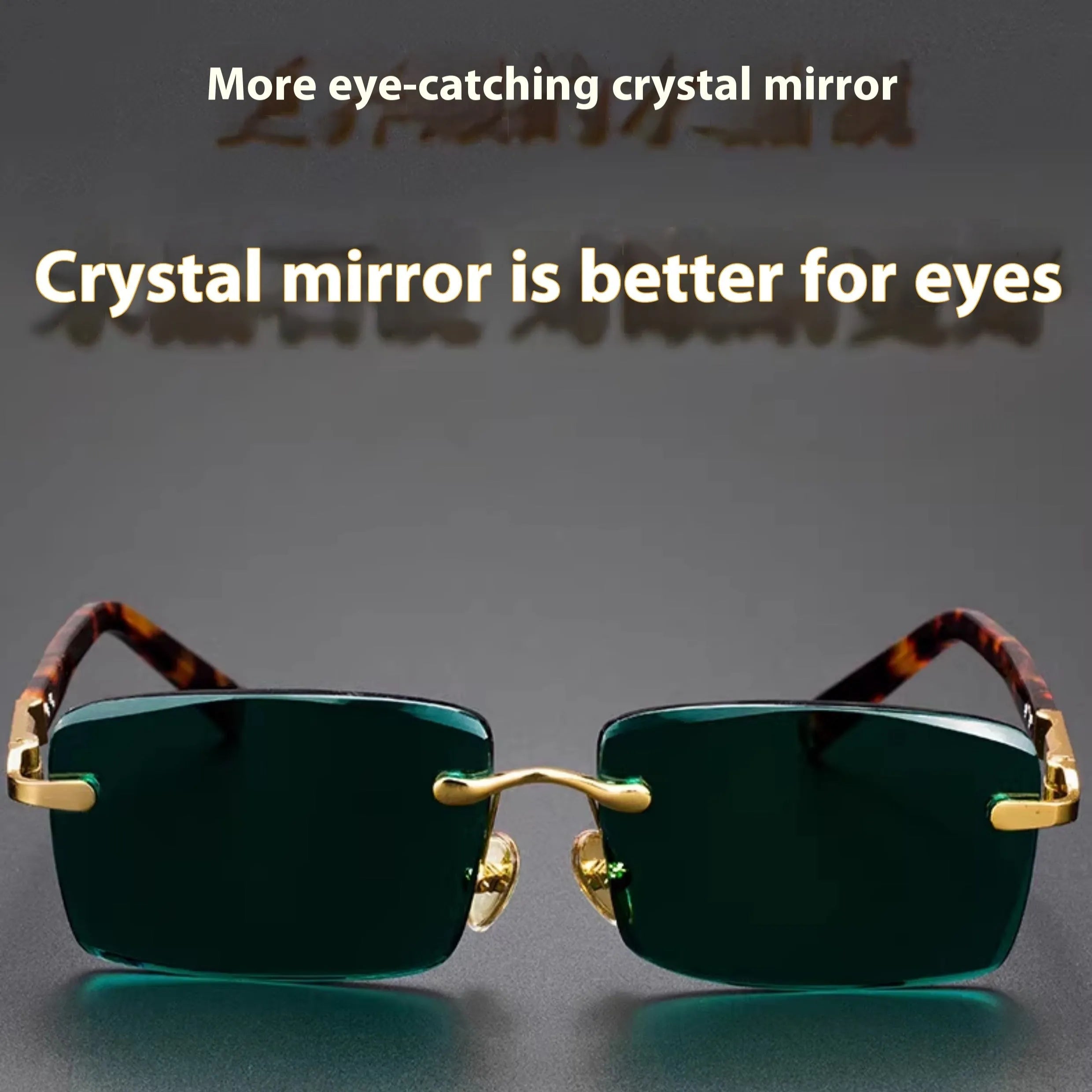 A pair of frameless sunglasses with dark green crystal lenses, shown with a hard protective case and a microfibre cleaning cloth.