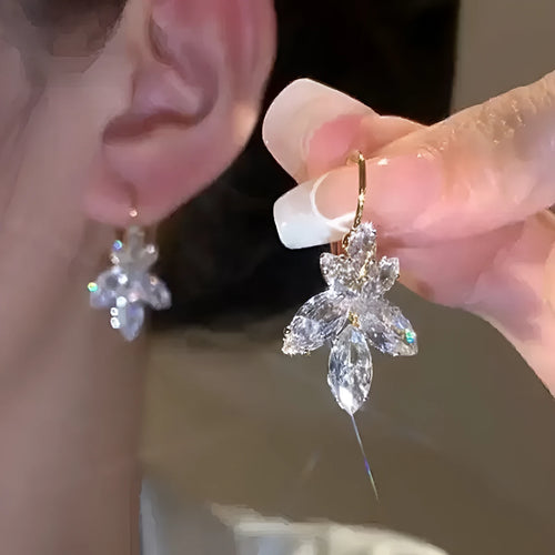 Alloy women's earrings with inlaid zircon leaves design platinum colour