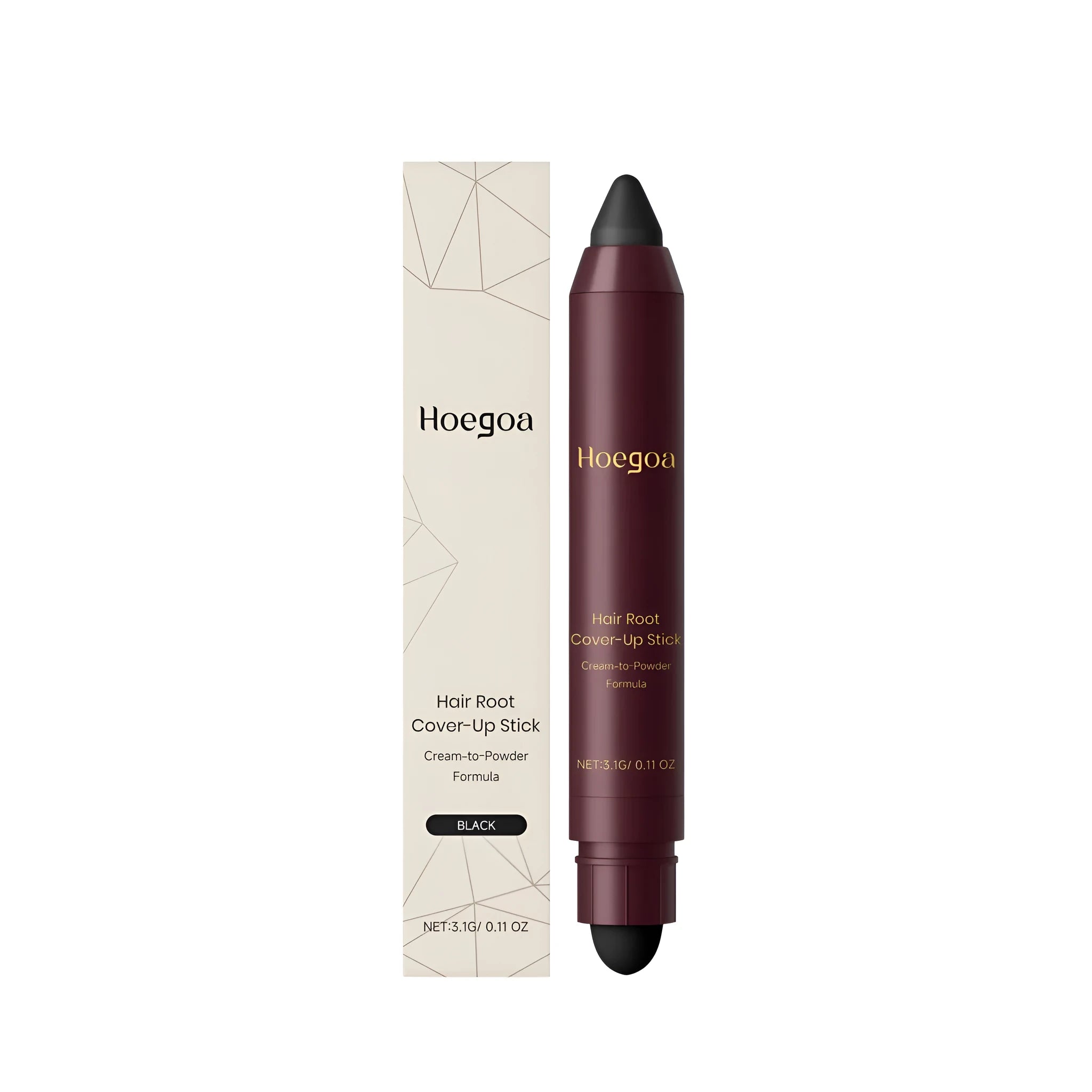 Hair root cover-up cosmetic stick in black and dark brown colour options.