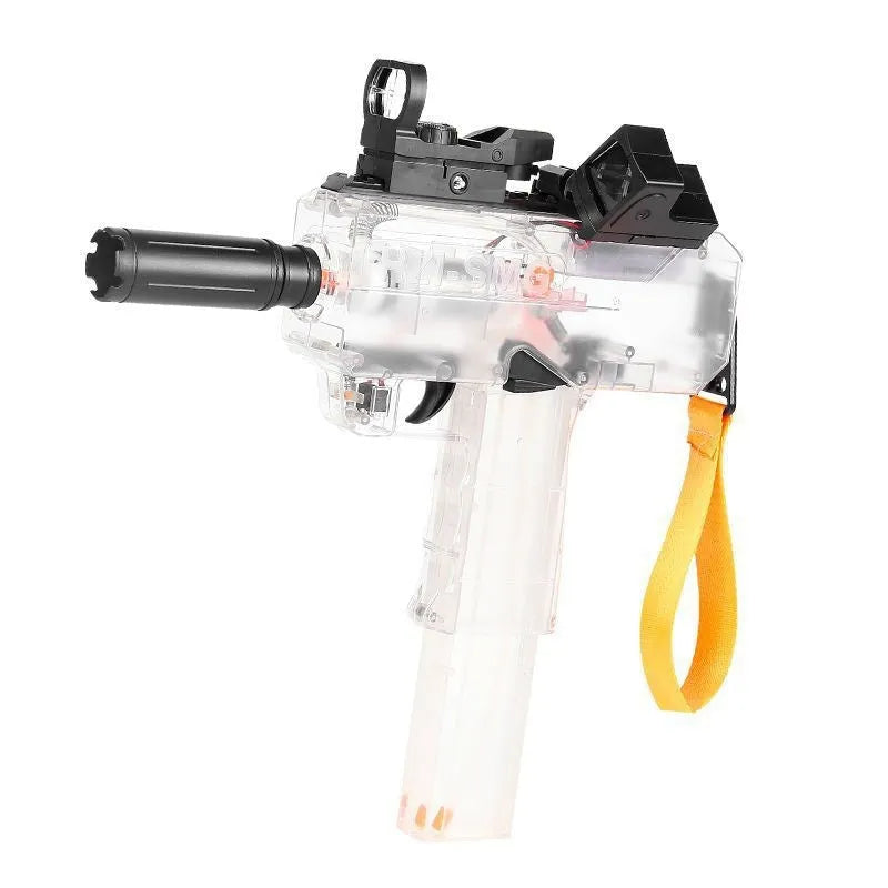 Electric water gun toy with transparent casing showing internal water level, includes sight glass and holoscope accessories