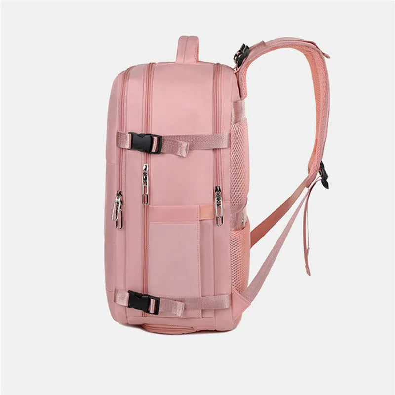 Purple women's travel backpack with multiple compartments and air pillow shoulder straps
