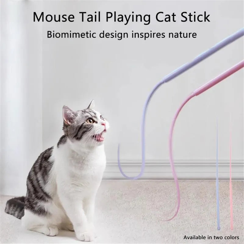 Simulated mouse tail cat toy with long flexible silicone tail and cat head design