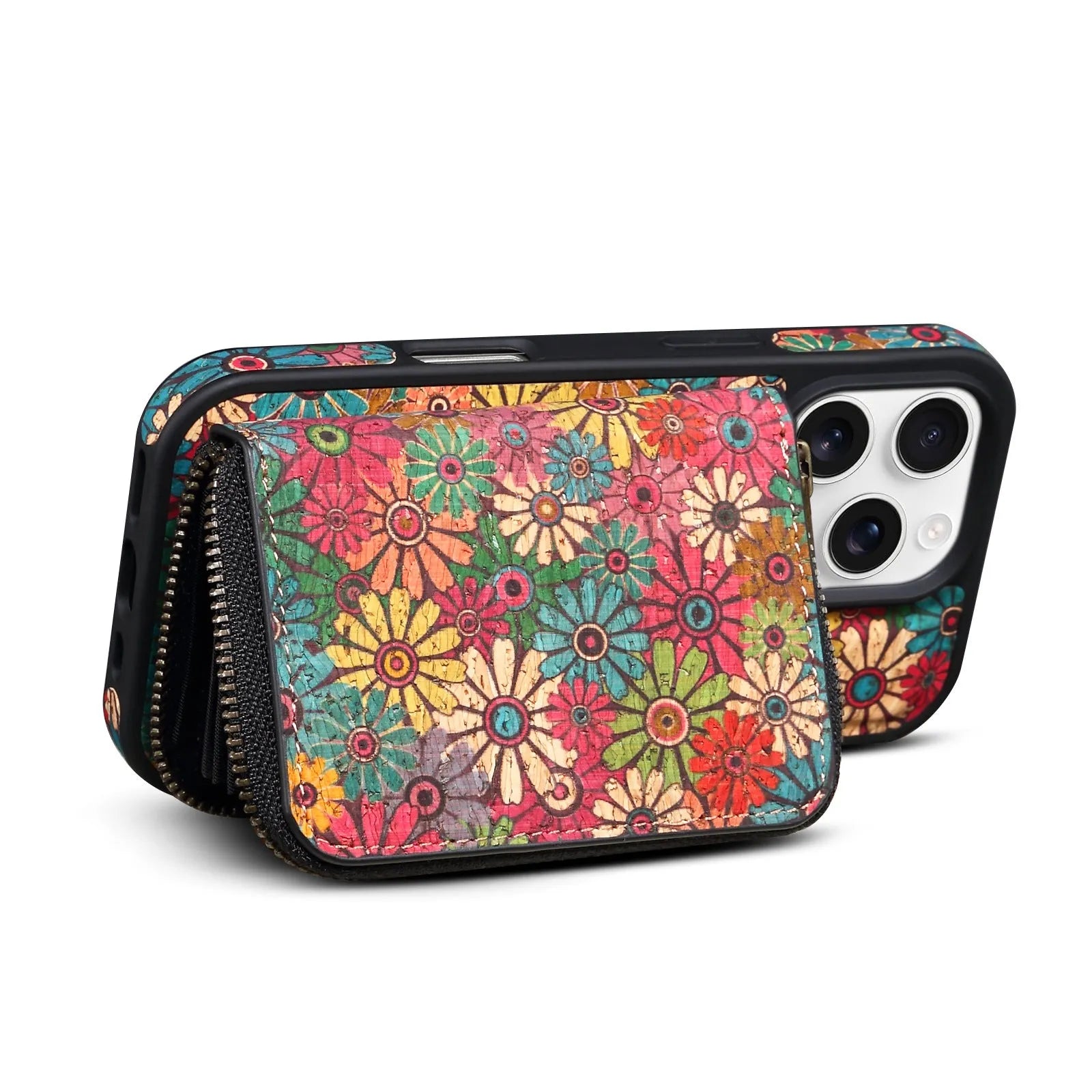 Huanyu cork anti-theft zipper phone case in green with 3D floral rose design for iPhone 17 Pro Max