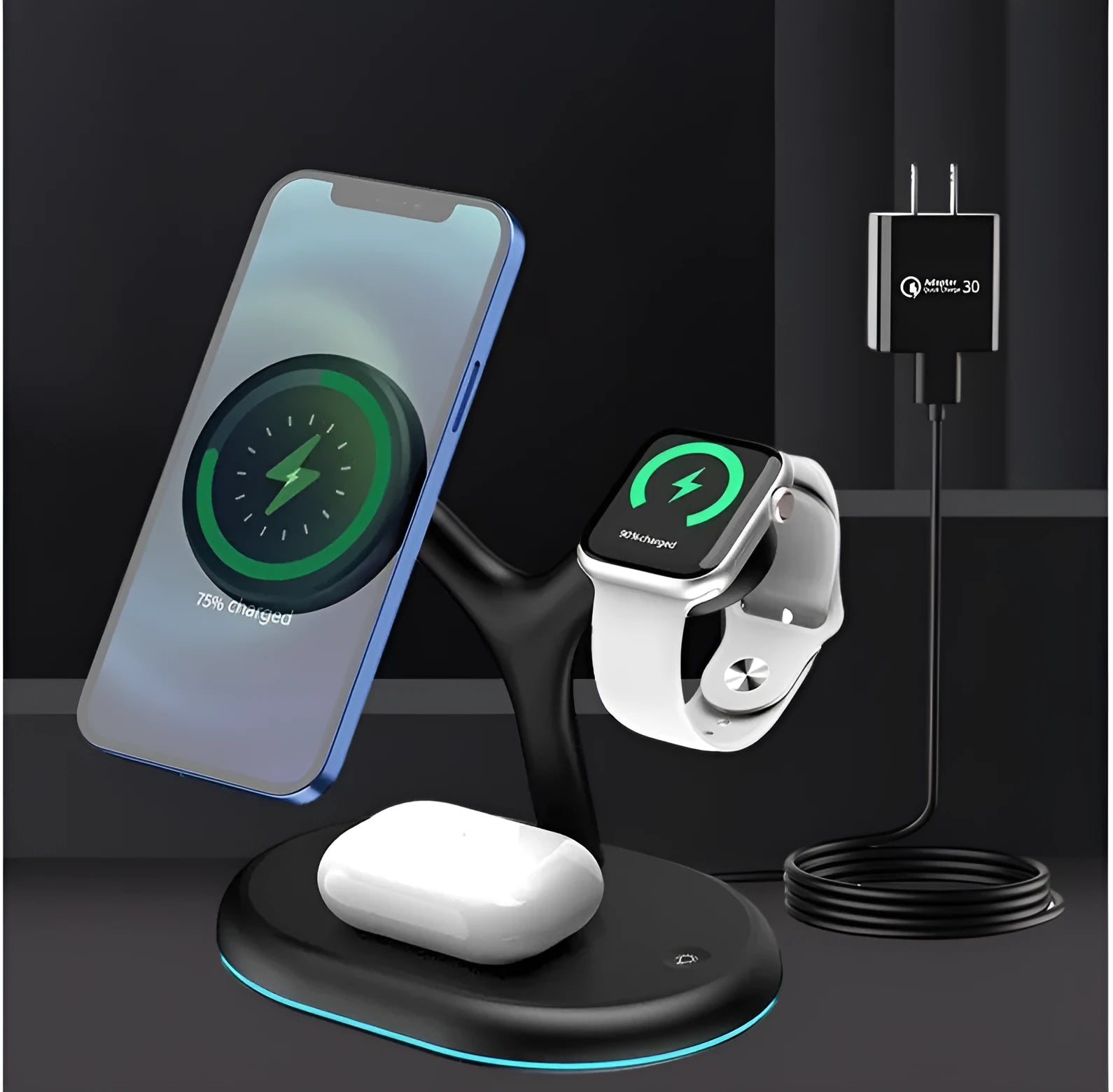 Black magnetic wireless charging stand with vertical phone holder and Type-C cable