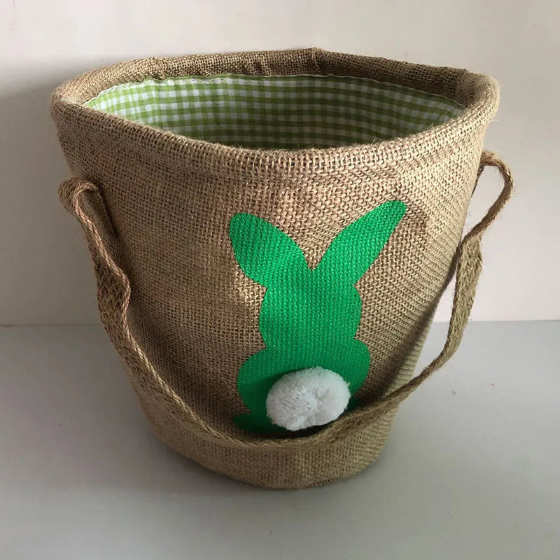 Jute tote bag Easter basket in green with double carry handles, 23x23cm size