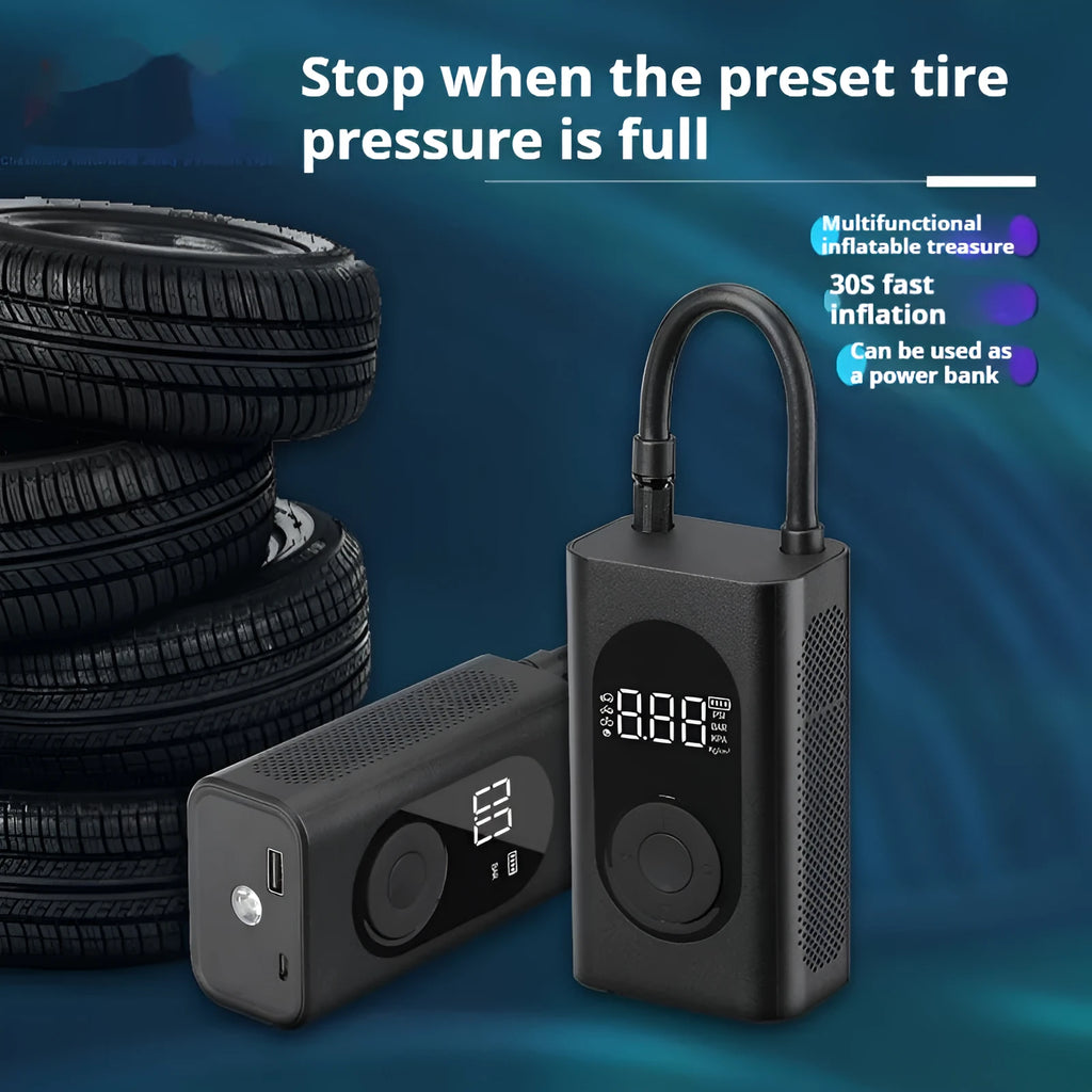 Handheld portable wireless tyre pump with digital display, power bank, and flashlight functions.