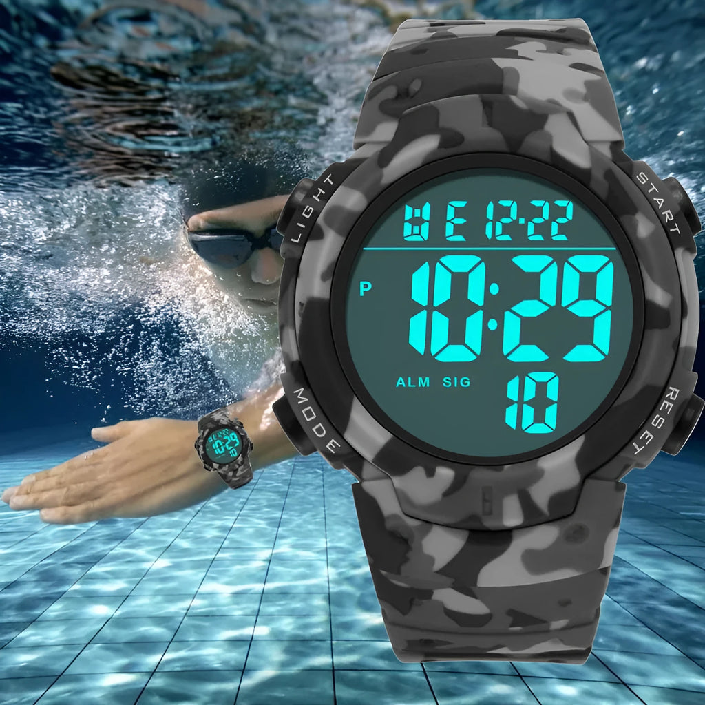 Waterproof male student sports electronic watch with 47.42mm digital dial, plastic band, and stainless steel buckle