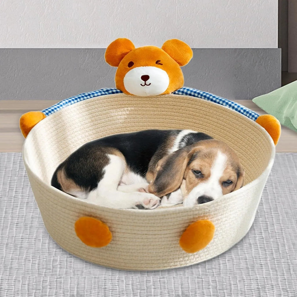Woven cotton rope cat bed basket with scratching pad in bear design, shown in medium size.
