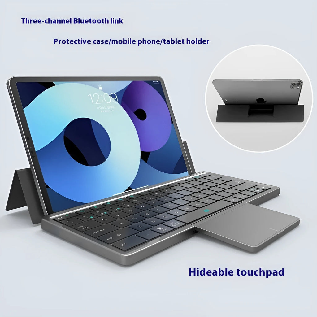 Three-in-one wireless Bluetooth keyboard with touch pad, leather sheath and stand for tablets