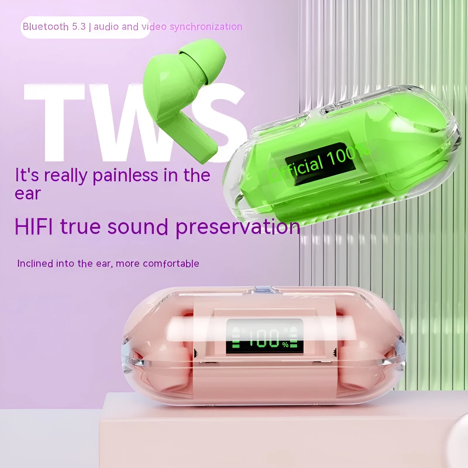 Wireless Bluetooth earbuds with transparent design in a charging case that has a digital battery display.