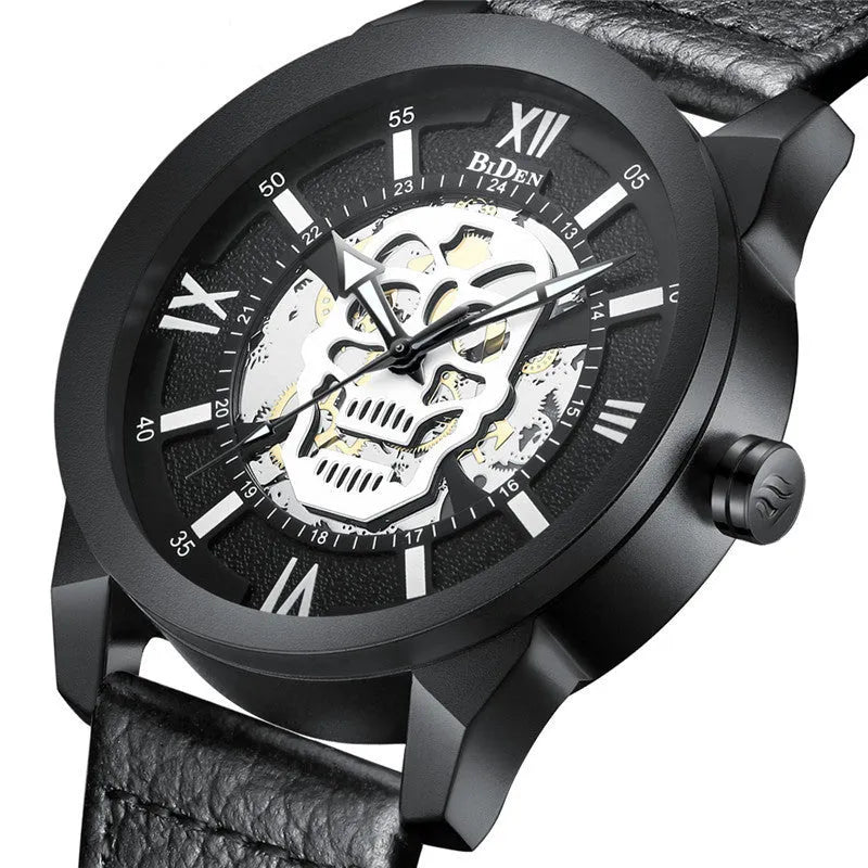 Biden men's hollow quartz watch with leather strap and calendar display