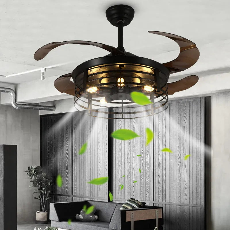 Industrial-style ceiling fan light with acrylic blades and shade, mounted flush to a white ceiling, with a remote control.