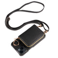 Handmade imitation leather wallet phone case with card slot, bracket, and crossbody strap in black for iPhone16 Pro Max