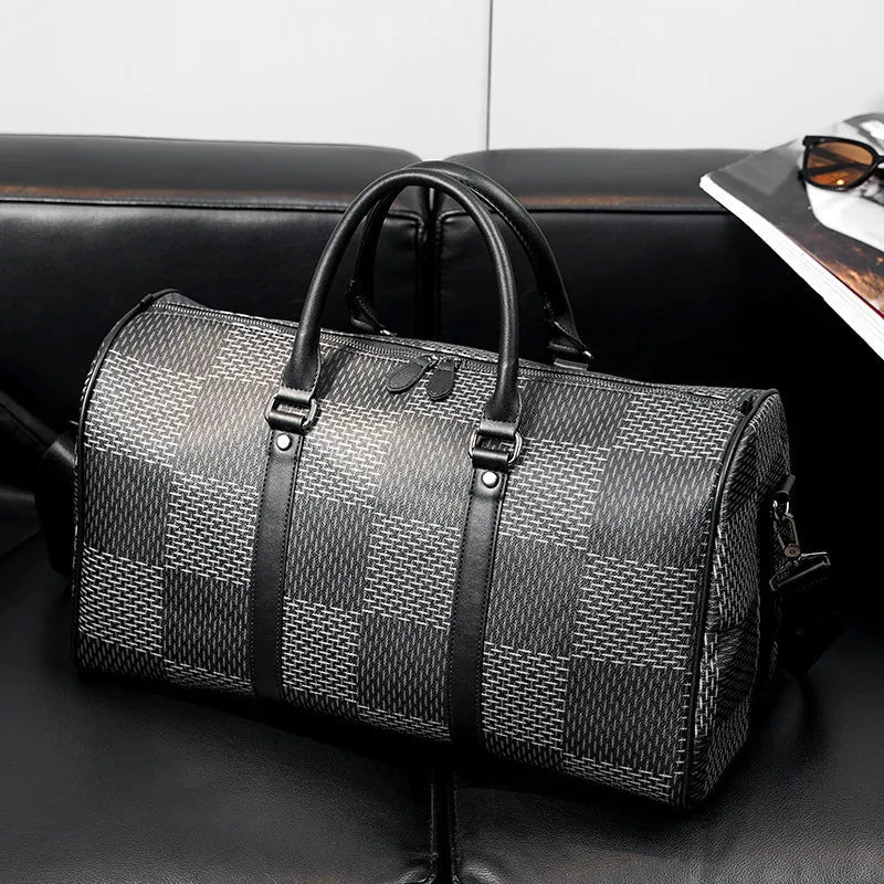 PU leather crossbody bag with sewing thread detail and plaid pattern for 20-35L travel