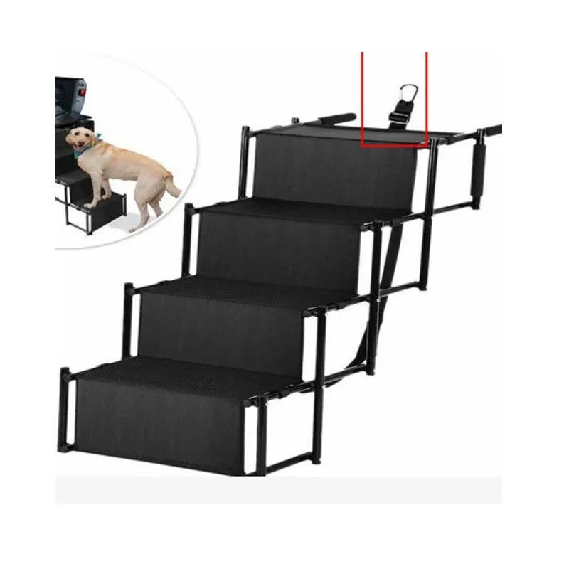 Folding four-step stainless steel dog ladder in navy blue, set up at a car tailgate.