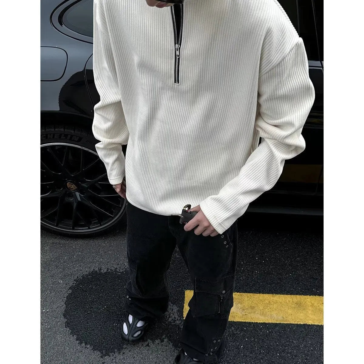 Grey loose-fit long sleeve polyester pullover top for early spring