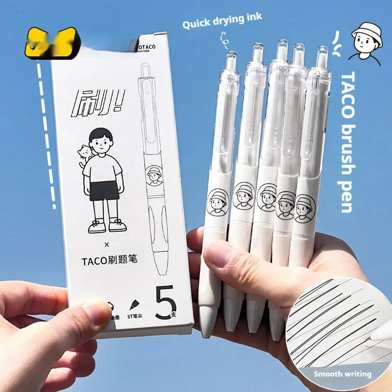 Set of five black and white ballpoint pens with 0.5mm fine tips laid side by side.