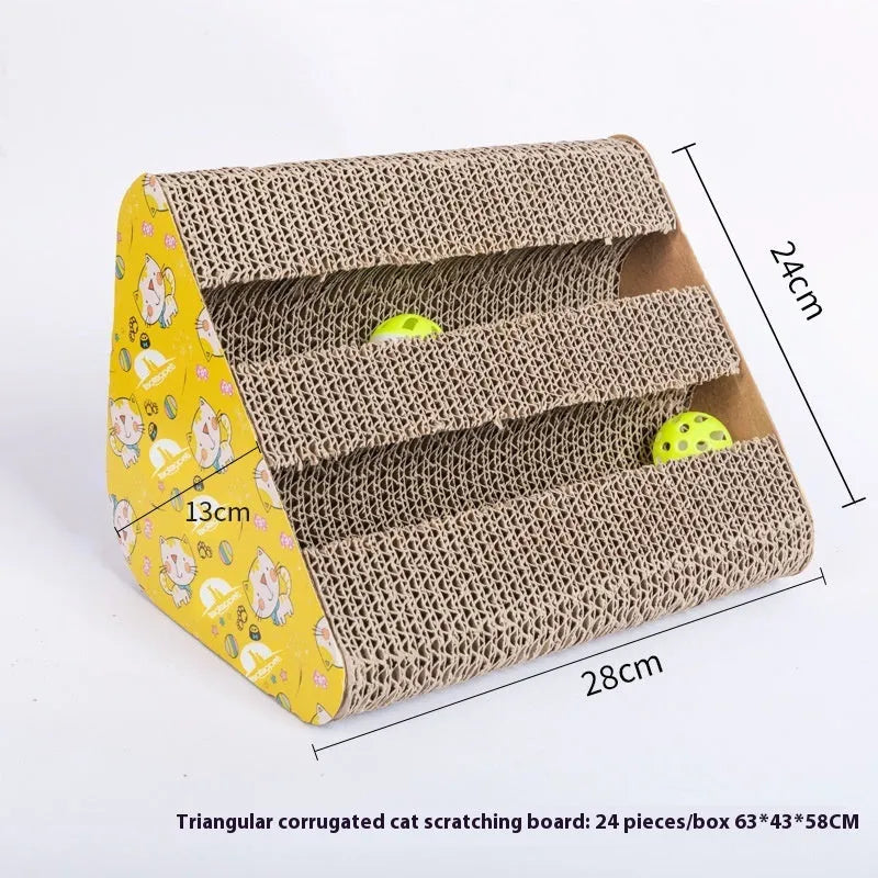 Cat scratch board with leather toy in corrugated paper construction