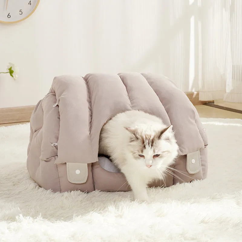 Grey arched fabric cat bed shown in both enclosed nest and flattened open sofa configurations