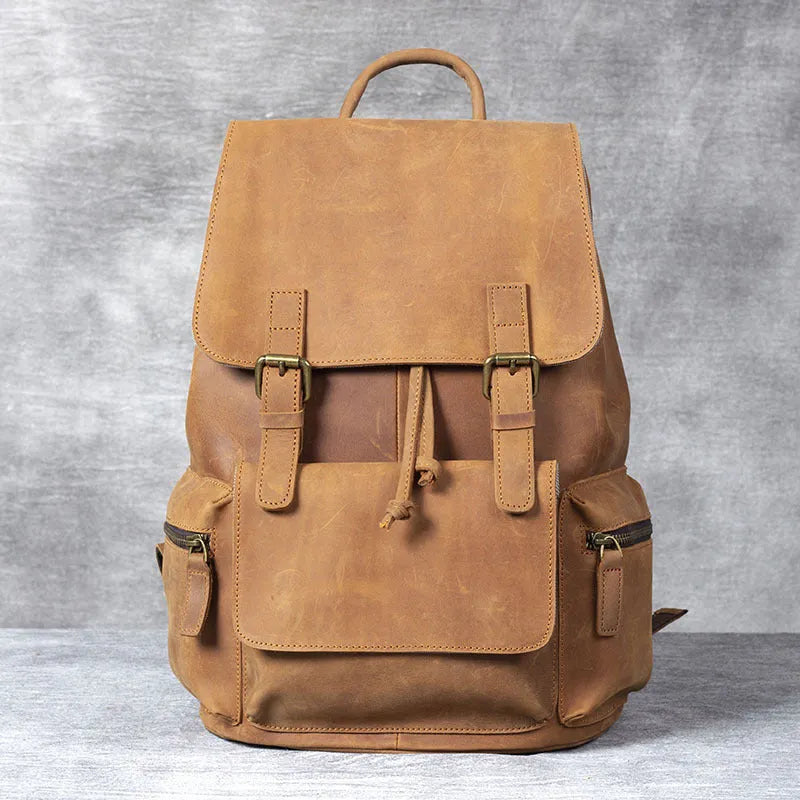 Retro Crazy Horse genuine leather backpack in brown colour with double shoulder straps