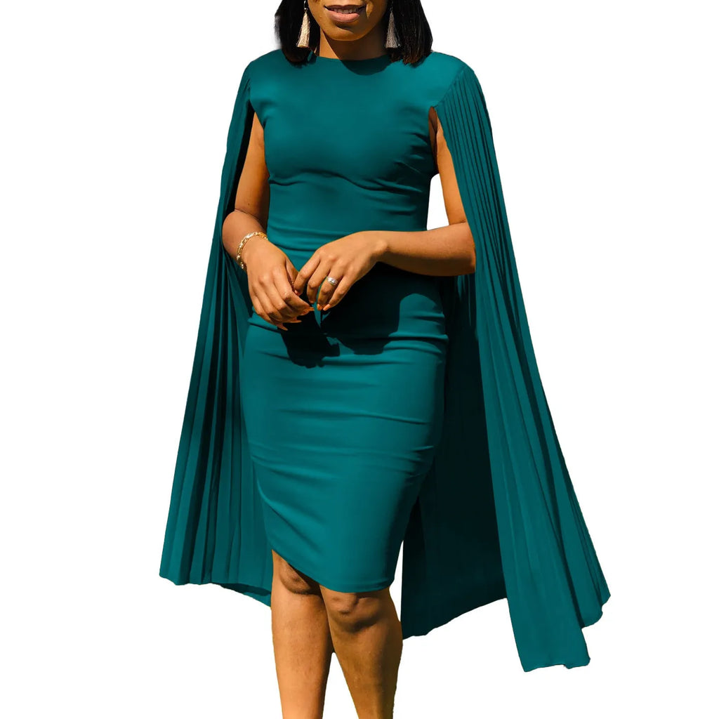 Yellow high-waist long sleeve evening gown with round neck and pleated skirt on a mannequin