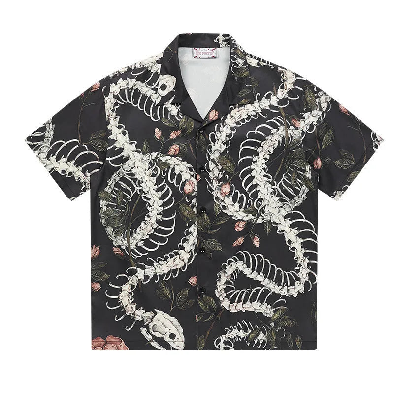 Short sleeve shirt with snake bone and flower pattern, Cuban collar, loose fit, in available colours.