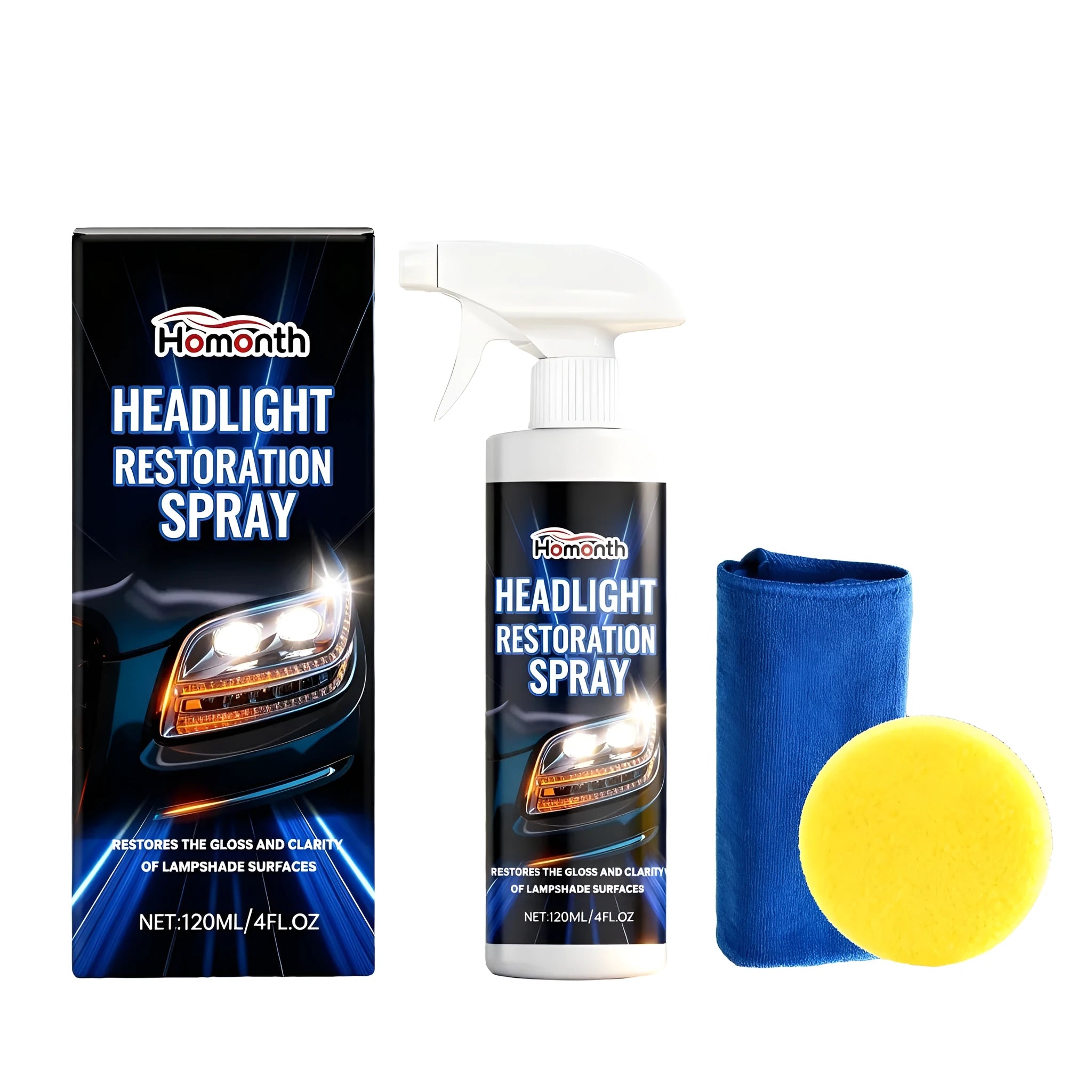 HOMONTH headlight restoration spray kit with 120ml bottle, sponge and microfibre towel