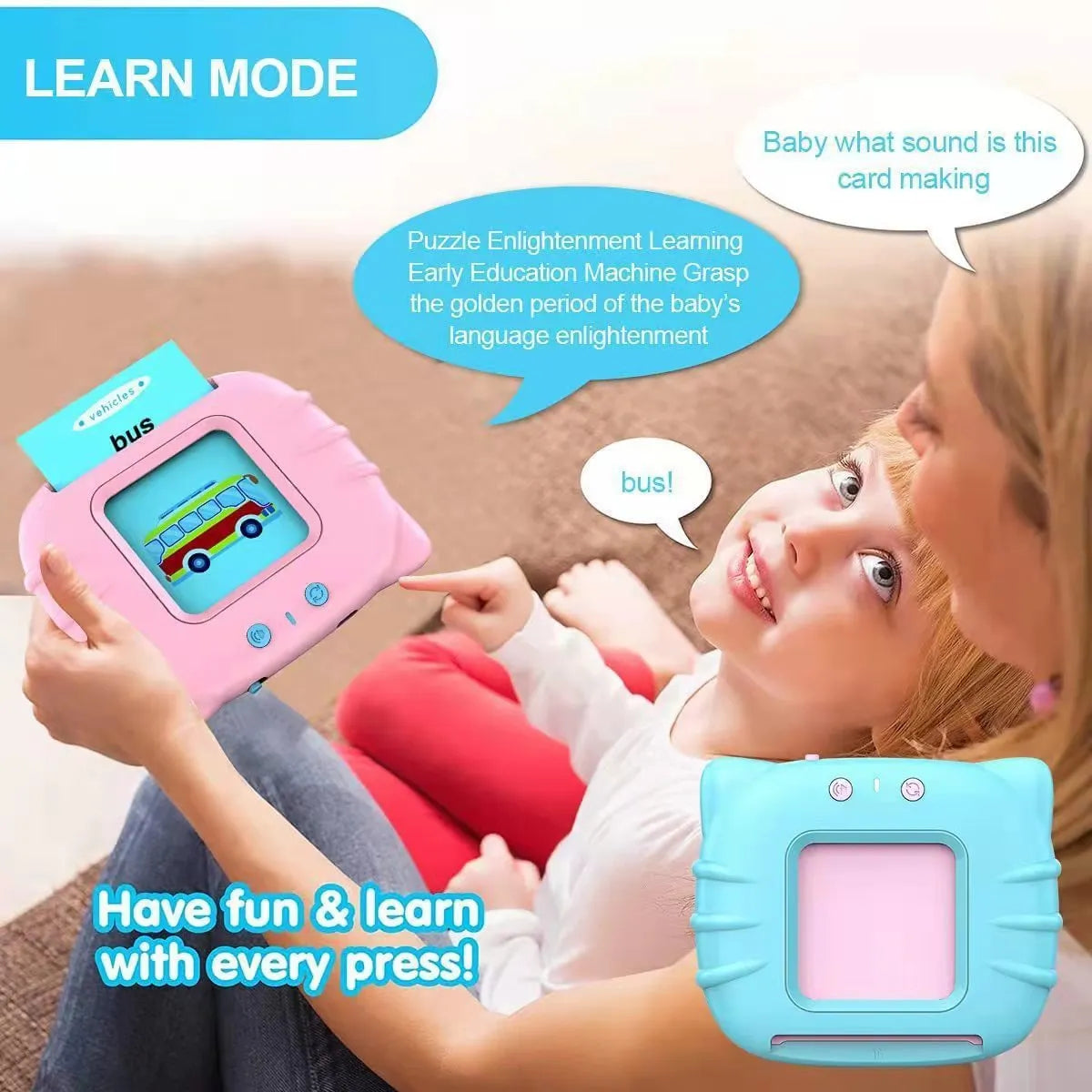 Blue children's learning machine with audiobook cards for English early education.
