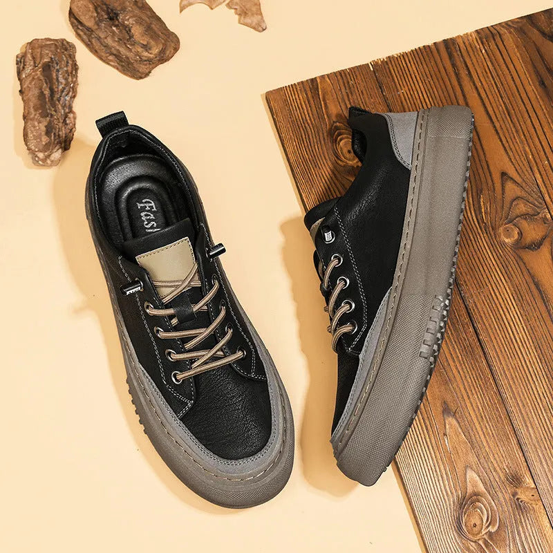 British round toe men's leather casual shoes in black with microfiber upper and rubber sole