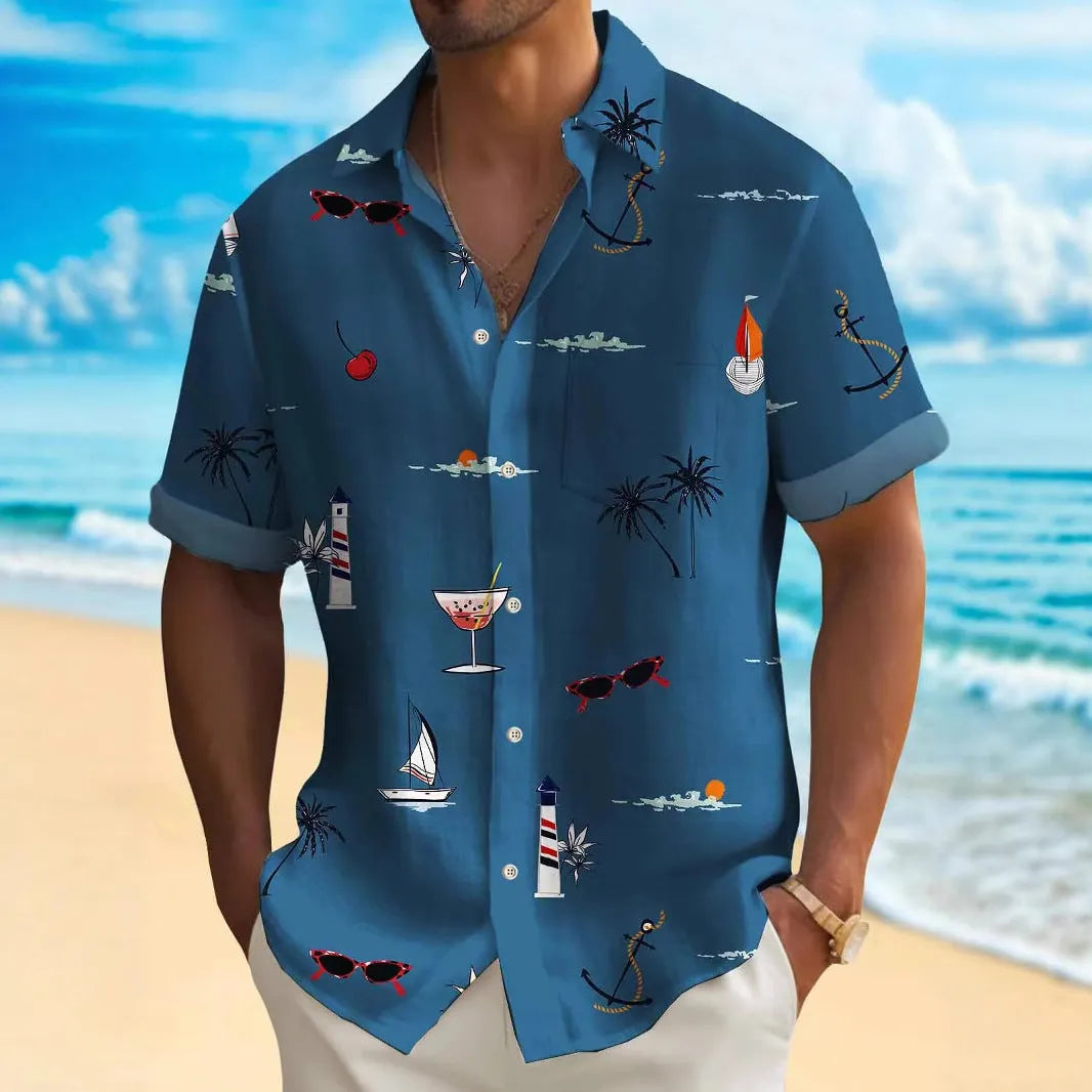 Man wearing a loose-fit digital print Hawaiian shirt in a colourful pattern.