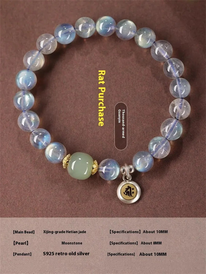 Moonstone women's bracelet with 8mm beads showing Thousand-Hand Guanyin Mouse zodiac design