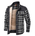 Men's wool thick coat jacket in black white grid pattern, cotton, with single breasted button closure