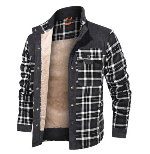 Men's wool thick coat jacket in black white grid pattern, cotton, with single breasted button closure