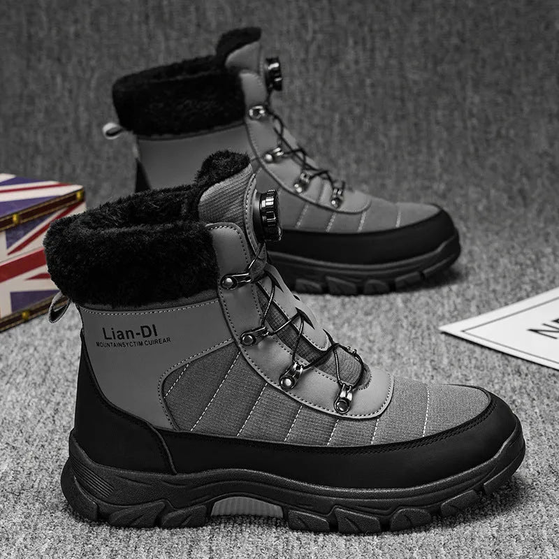 Men's fleece-lined thickened snow boots in black, round toe, artificial PU upper, side view