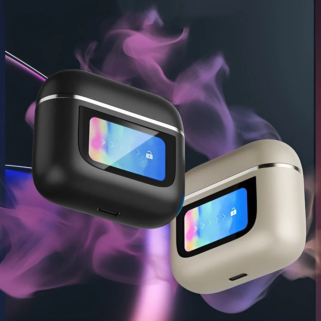 Black in-ear Bluetooth headset with touch screen interface and active noise cancellation
