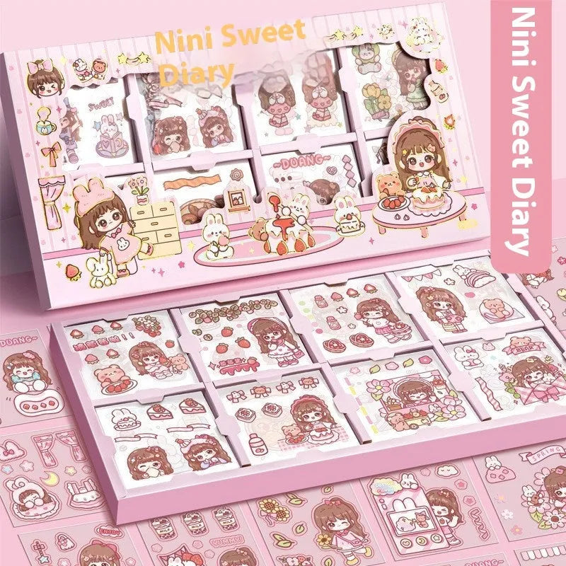 Children's sticker pack box showing five cute theme designs including meatball characters and tea party scenes