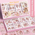 Children's sticker pack box showing five cute theme designs including meatball characters and tea party scenes