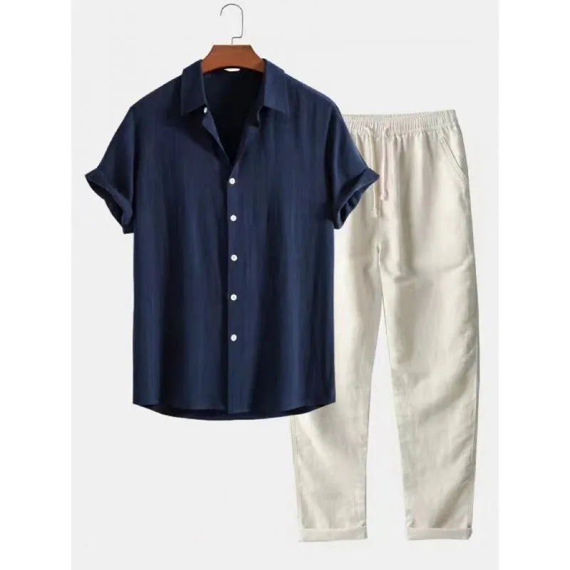 Men's loose fit short sleeve shirt and trousers suit in linen-look fabric.
