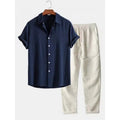 Men's loose fit short sleeve shirt and trousers suit in linen-look fabric.