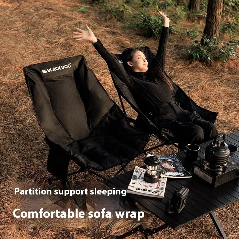 Night Black Oxford cloth portable folding moon camping chair with a thickened seat, shown in a folded position.